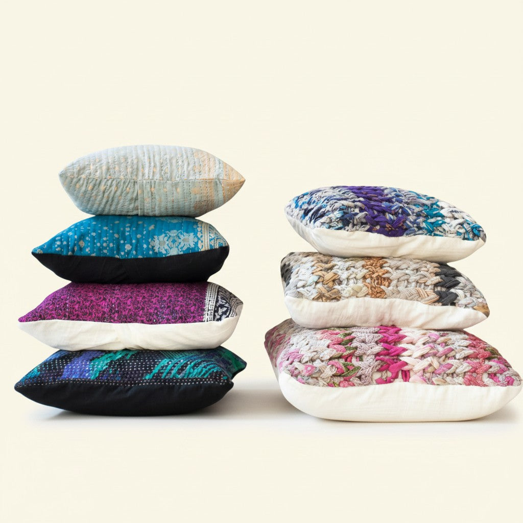 Stacks of colorful textured pillows on a light background