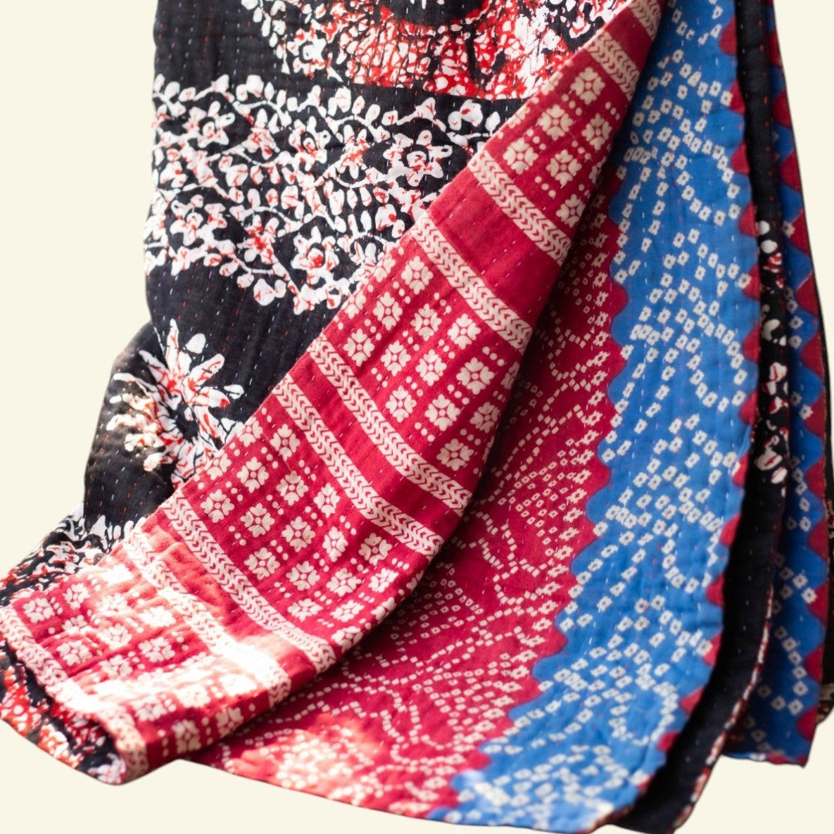 Colorful patterned fabric on a beige background