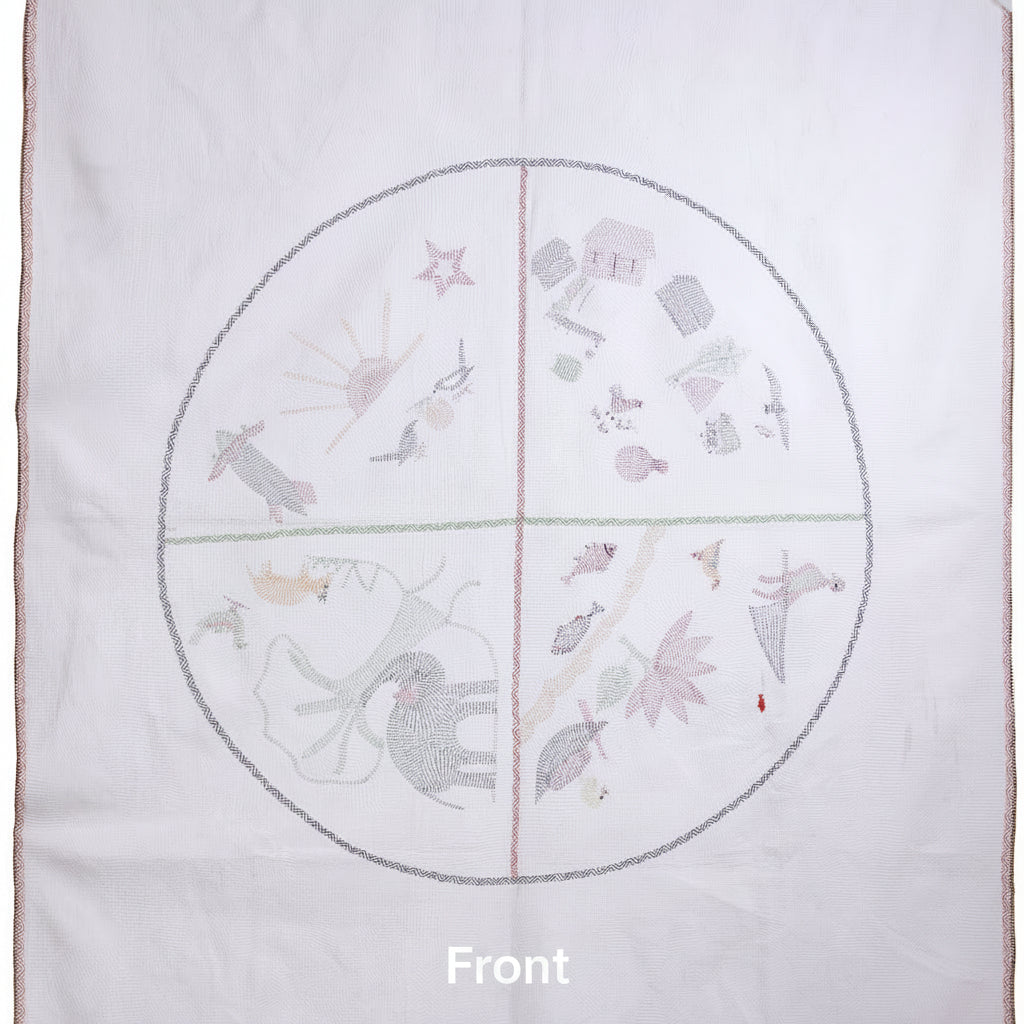 White quilt with embroidered animal patterns on a white background