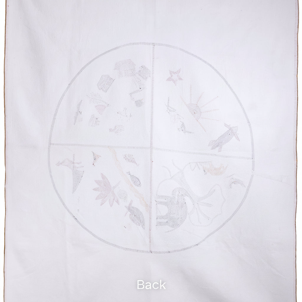 White blanket with embroidered floral design on a white background