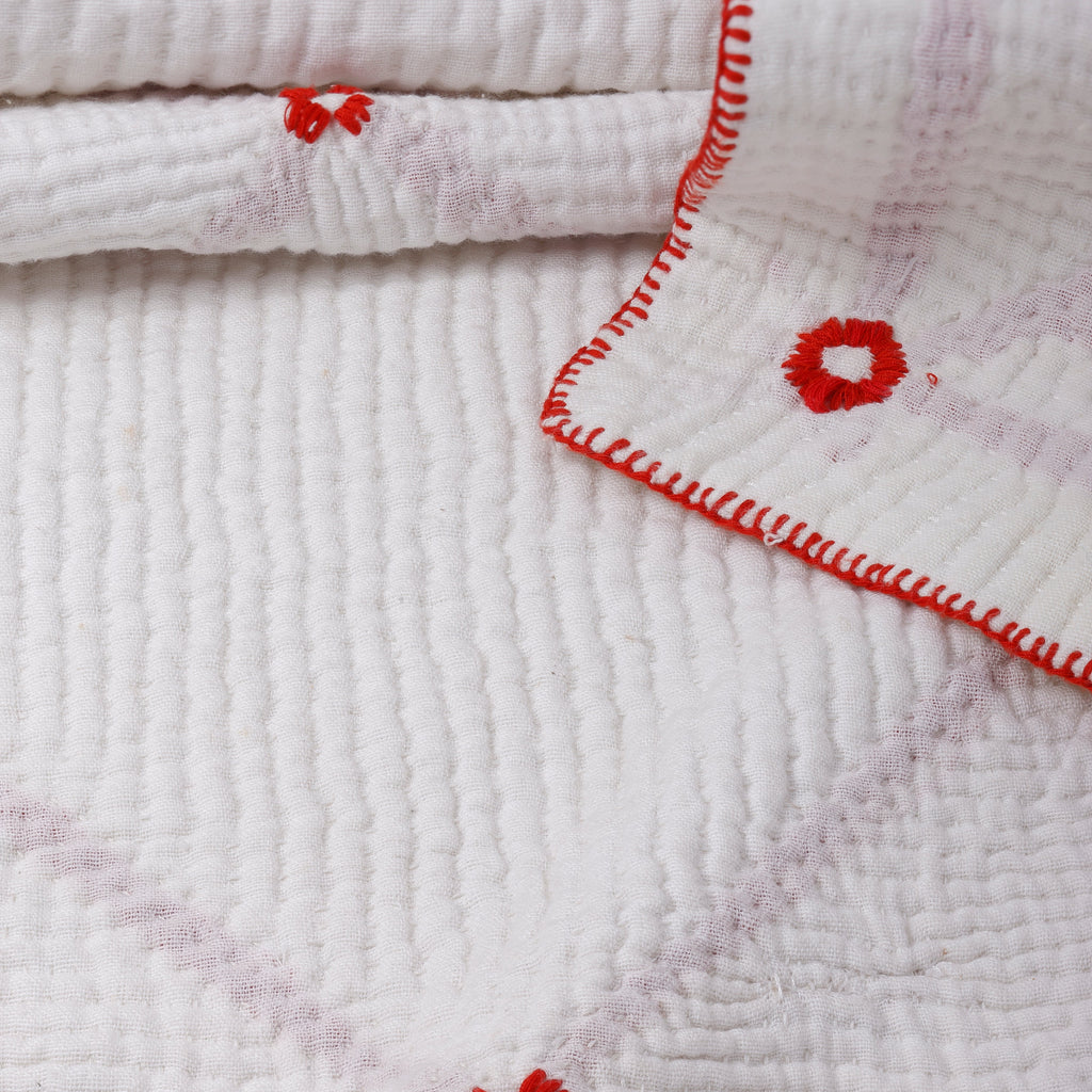Close-up of textured fabric with red floral patterns