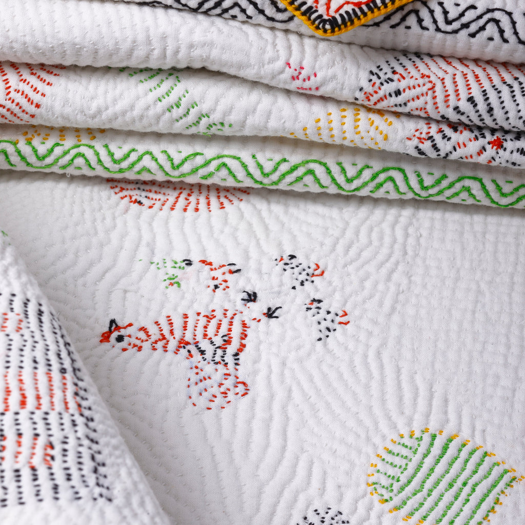 Stack of embroidered fabric with colorful patterns on a white background