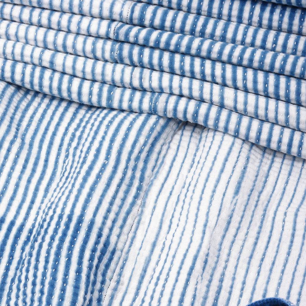 Close-up of blue and white striped fabric